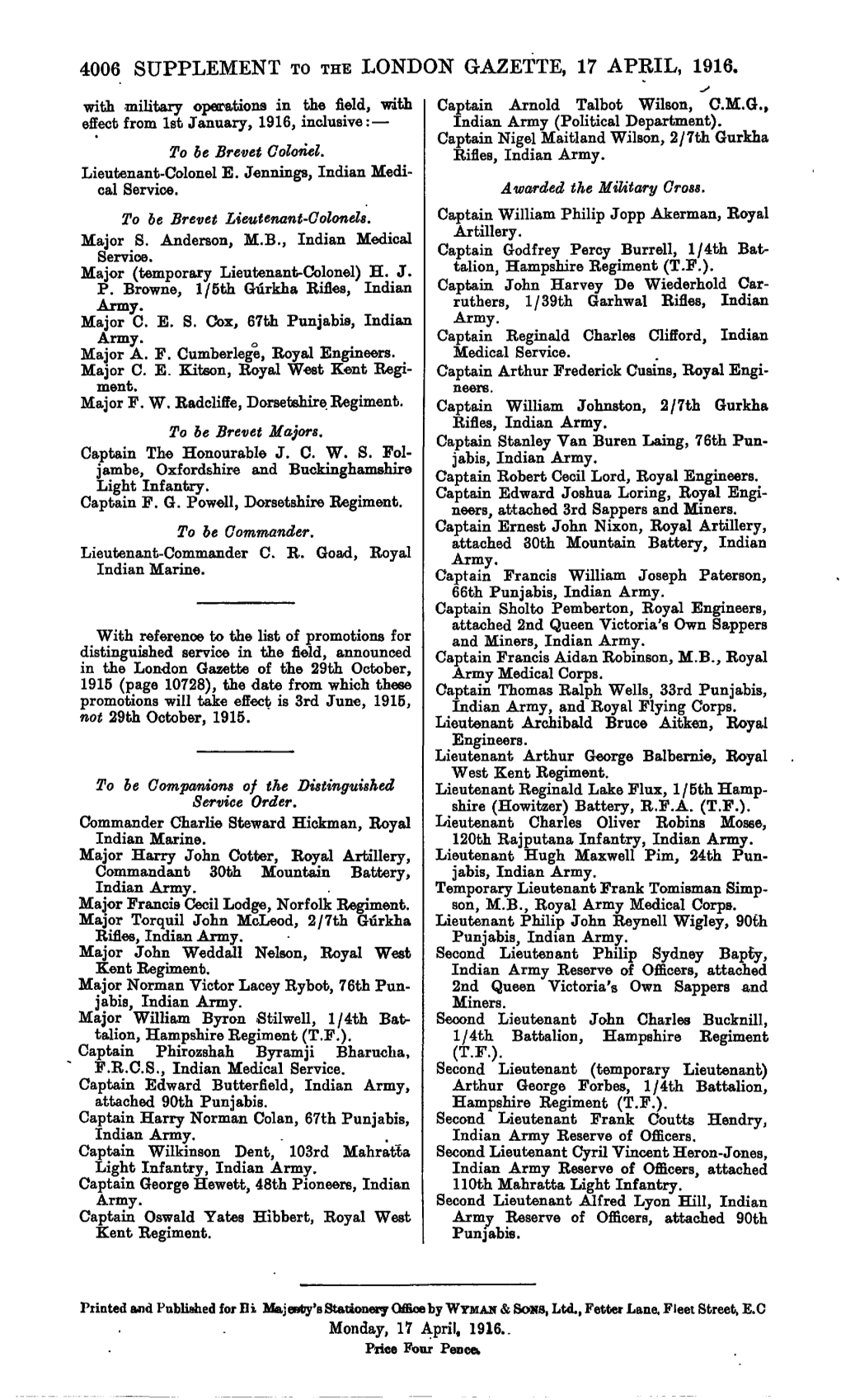4006 Supplement to the London Gazette, 17 April, 1916