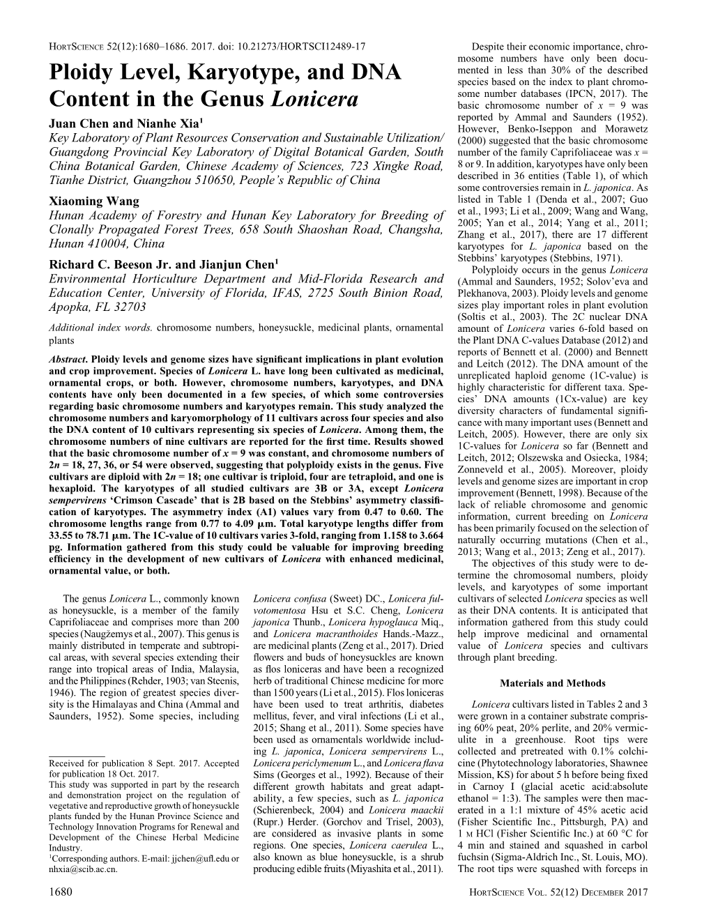 Ploidy Level, Karyotype, and DNA Content in the Genus Lonicera