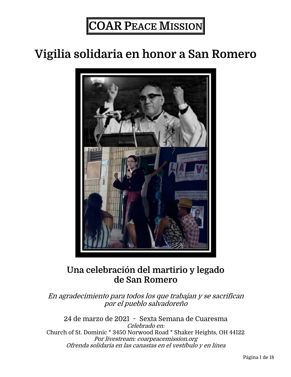 Vigilia Solidaria En Honor a San Romero