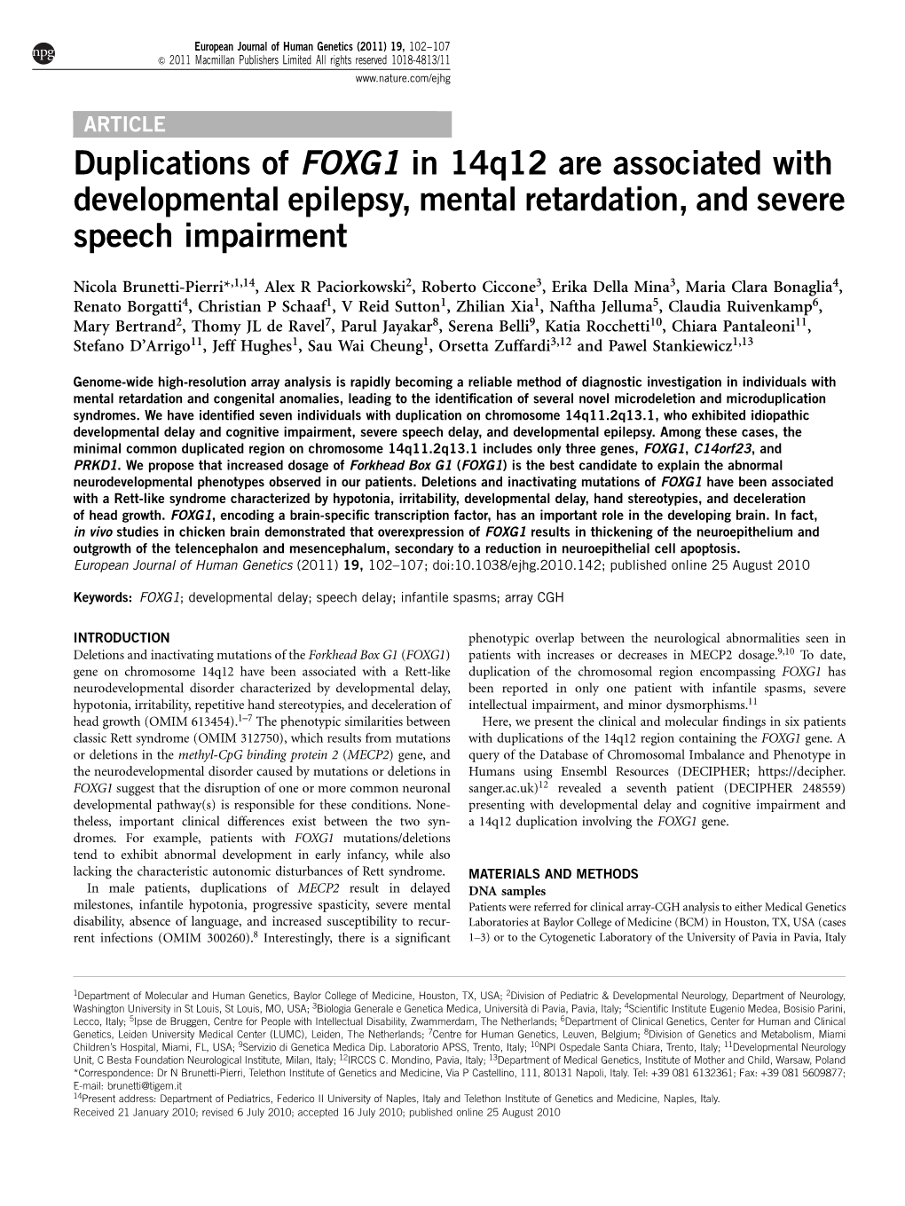 Duplications of FOXG1 in 14Q12 Are Associated with Developmental Epilepsy, Mental Retardation, and Severe Speech Impairment