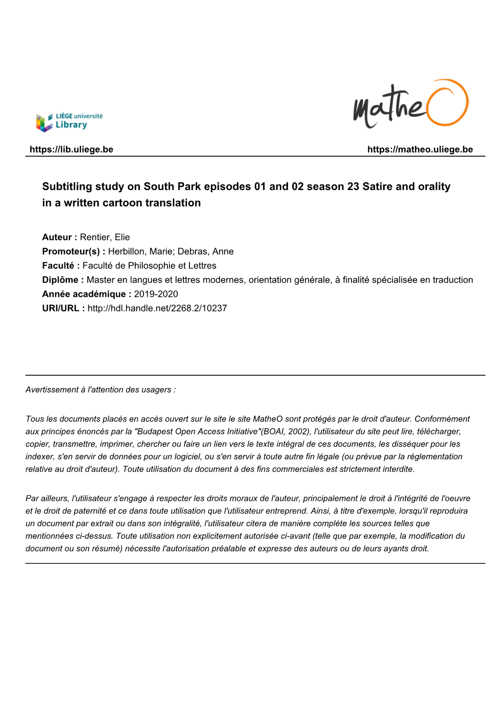 Subtitling Study on South Park Episodes 01 and 02 Season 23 Satire and Orality in a Written Cartoon Translation