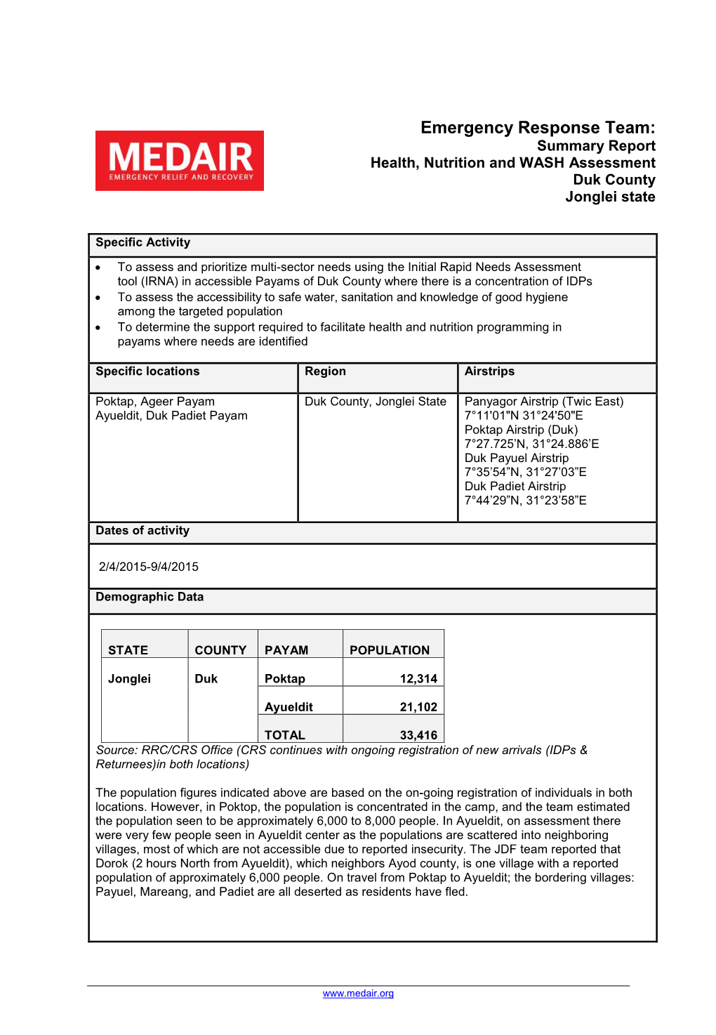 Emergency Response Team: Summary Report Health, Nutrition and WASH Assessment Duk County