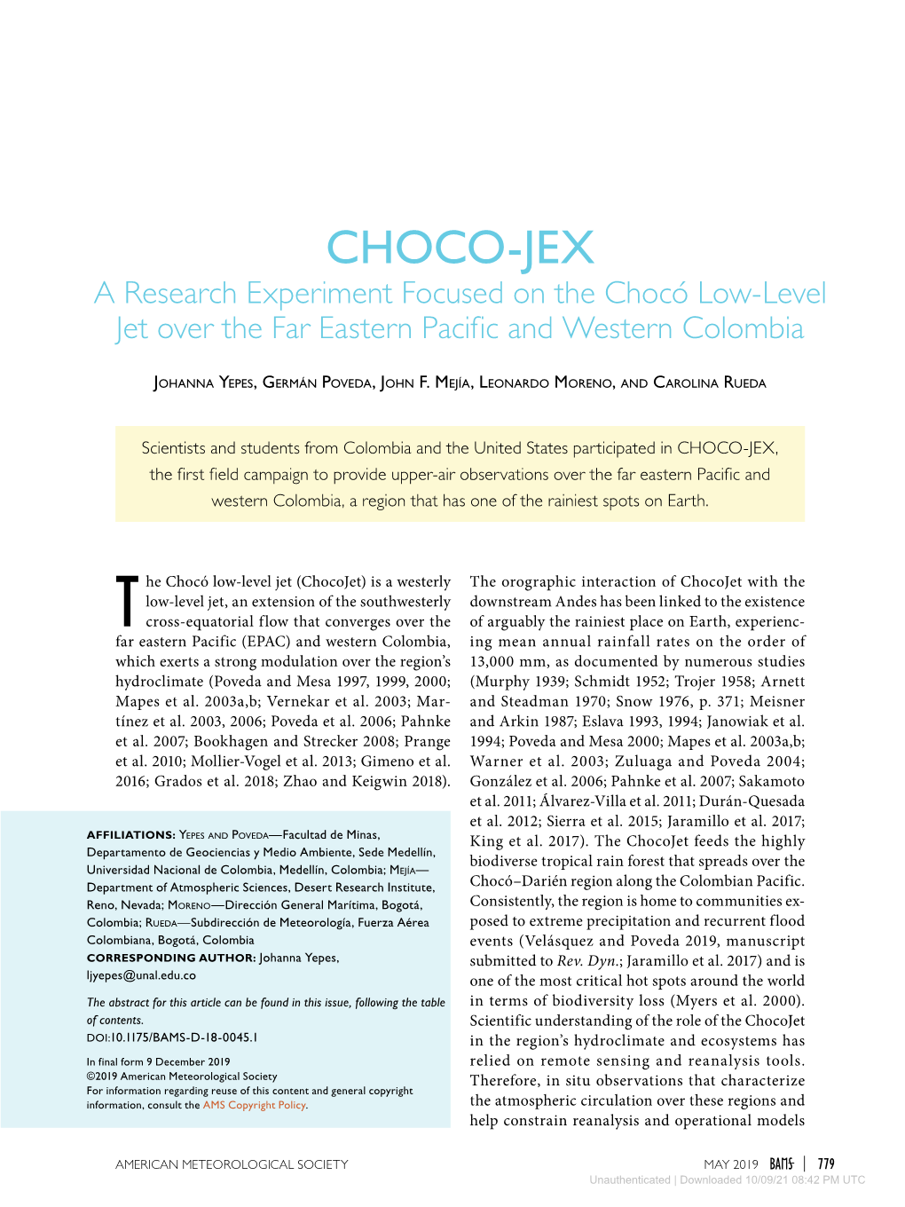CHOCO-JEX a Research Experiment Focused on the Chocó Low-Level Jet Over the Far Eastern Pacific and Western Colombia