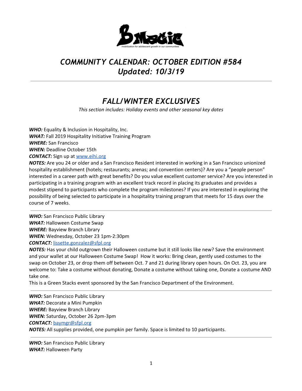 COMMUNITY CALENDAR: OCTOBER EDITION #584 Updated: 10/3/19