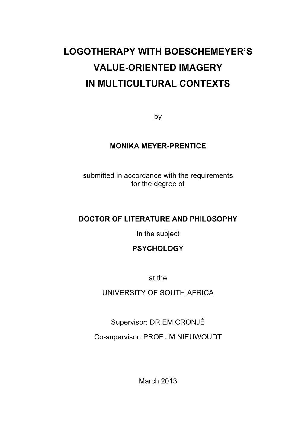 Logotherapy with Boeschemeyer's Value-Oriented Imagery in Multicultural Contexts