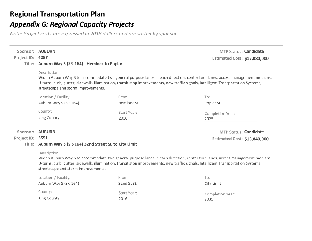 Regional Capacity Projects Regional Transportation Plan