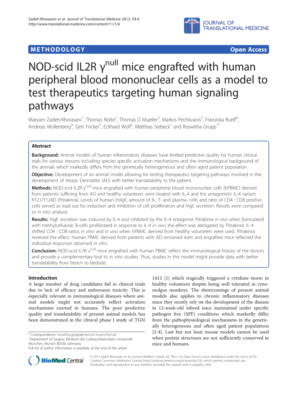 NOD-Scid IL2R Γ Mice Engrafted with Human Peripheral Blood