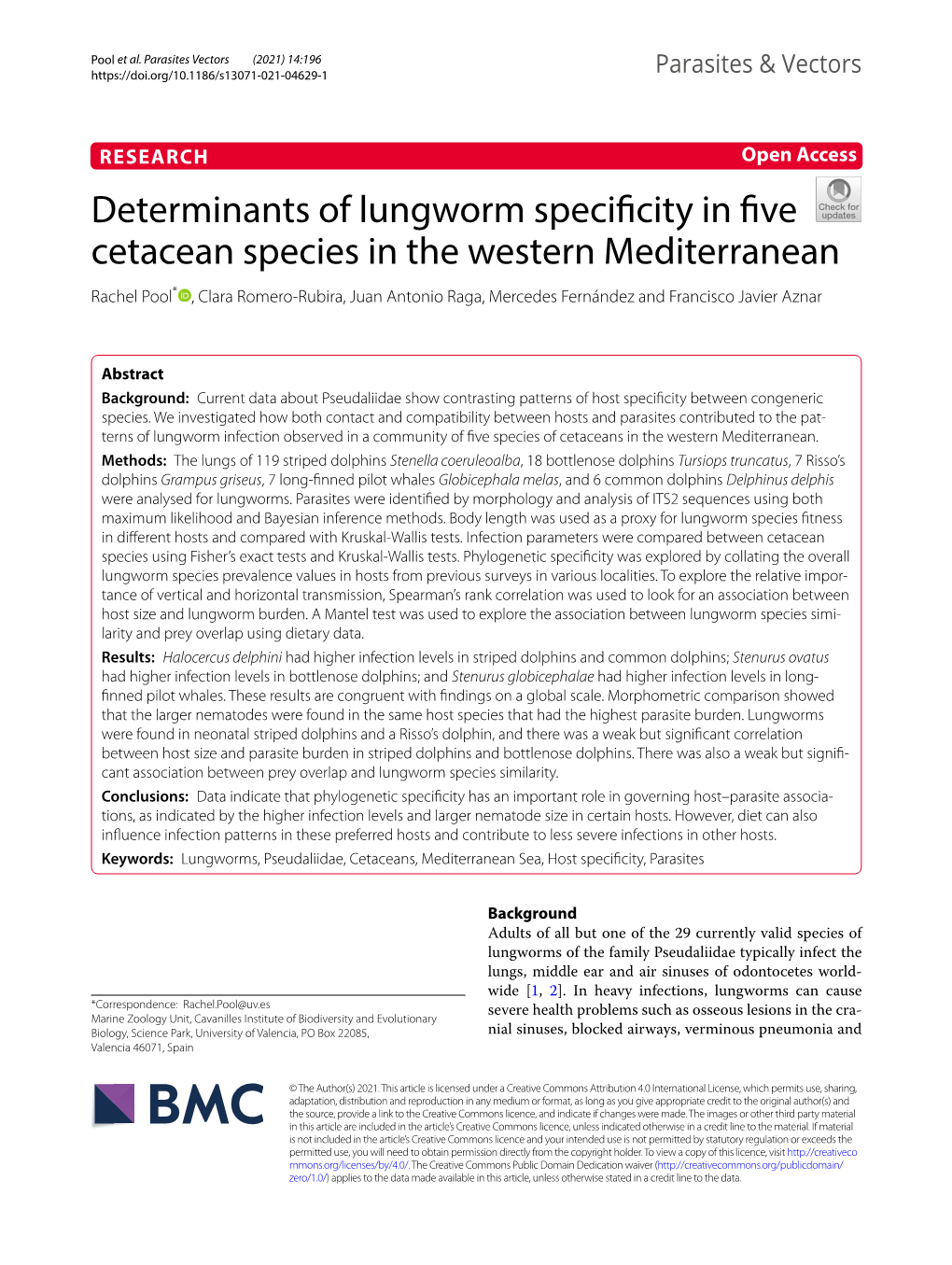 Determinants of Lungworm Specificity in Five Cetacean Species in The