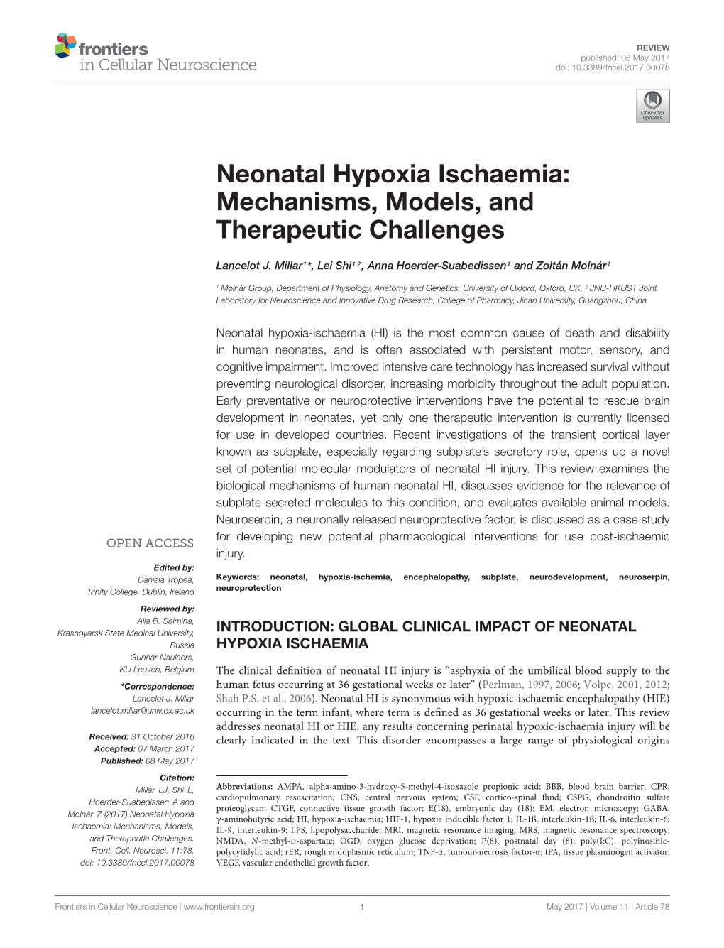 Neonatal Hypoxia Ischaemia: Mechanisms, Models, and Therapeutic Challenges