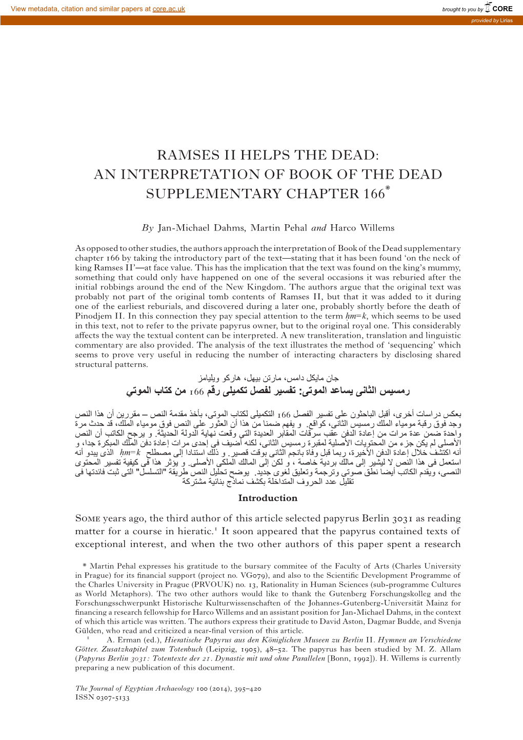 Ramses Ii Helps the Dead: an Interpretation of Book of the Dead Supplementary Chapter 166*