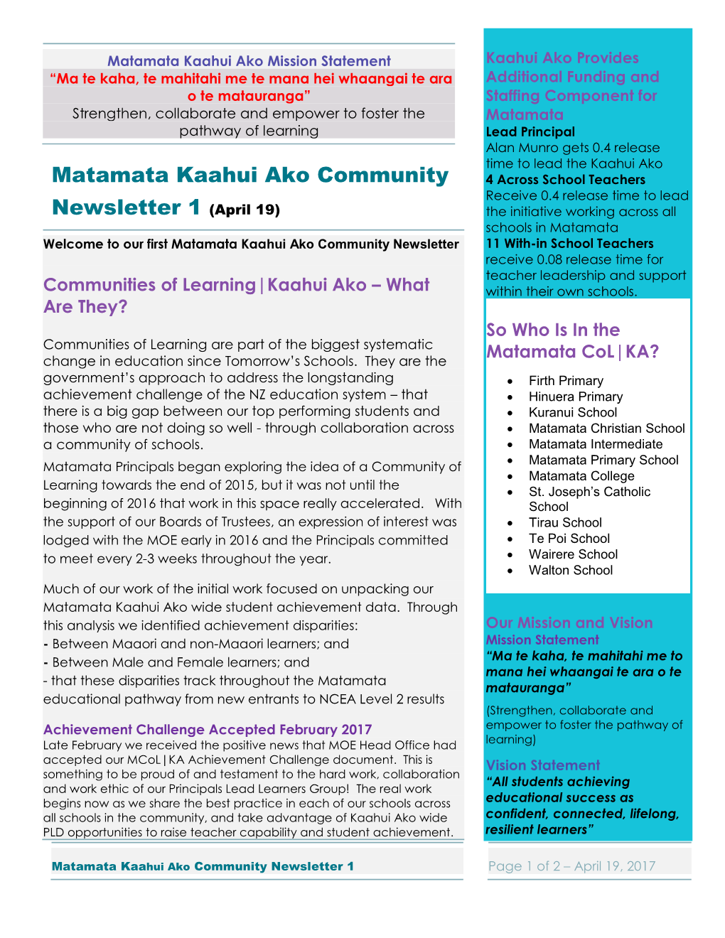Matamata Kaahui Ako Community Newsletter 1 (April