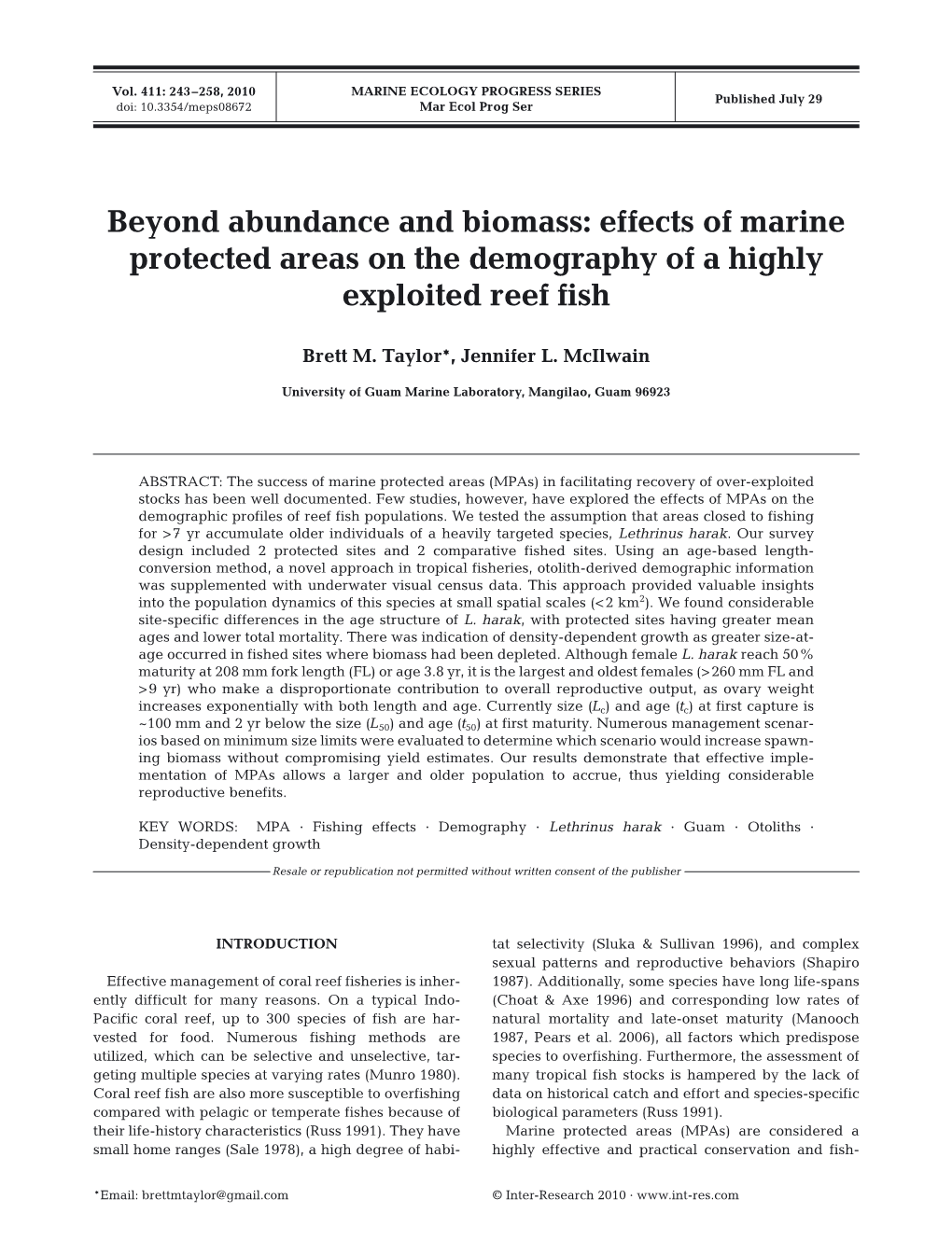 Beyond Abundance and Biomass: Effects of Marine Protected Areas on the Demography of a Highly Exploited Reef Fish