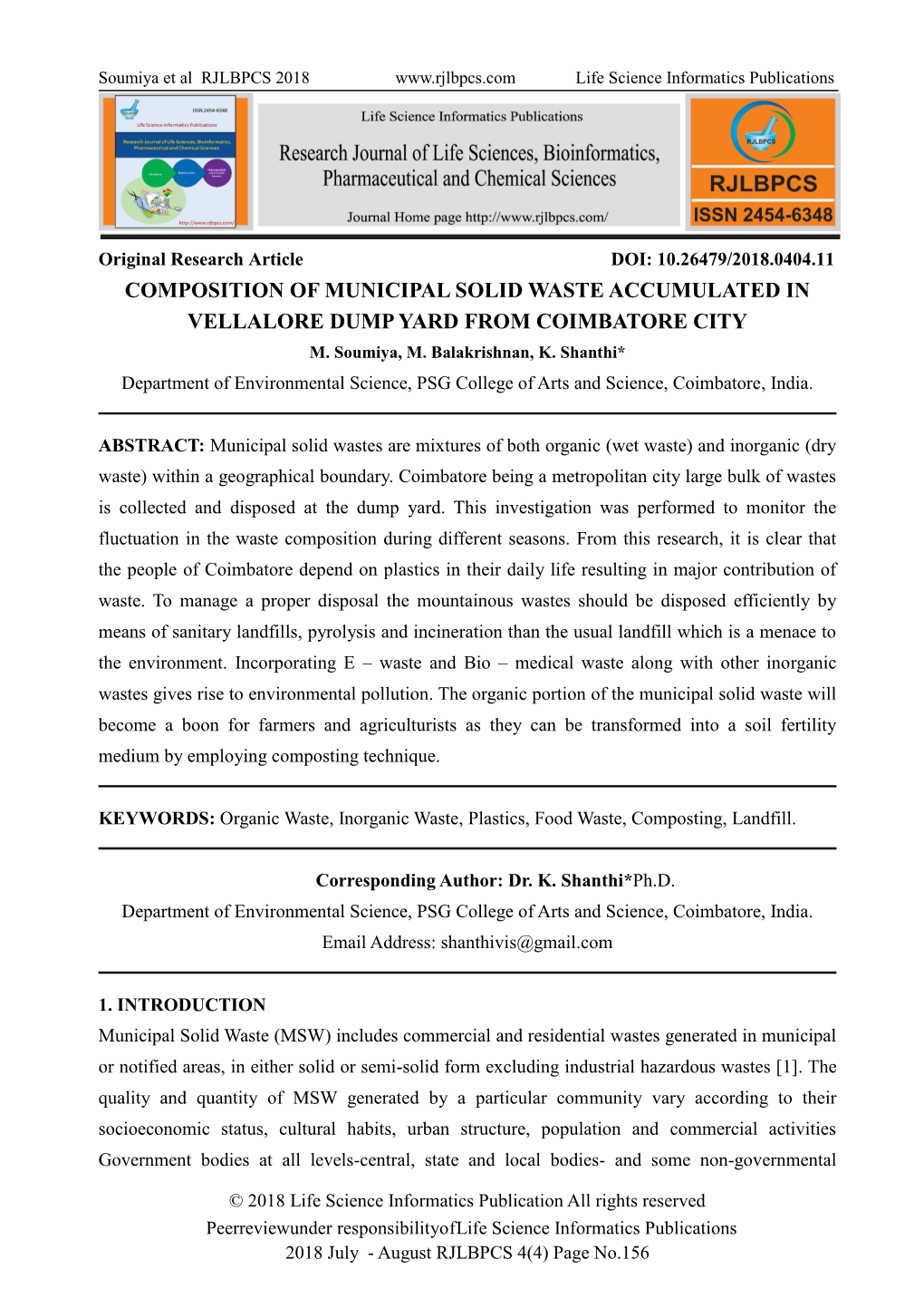 Composition of Municipal Solid Waste Accumulated in Vellalore Dump Yard from Coimbatore City M