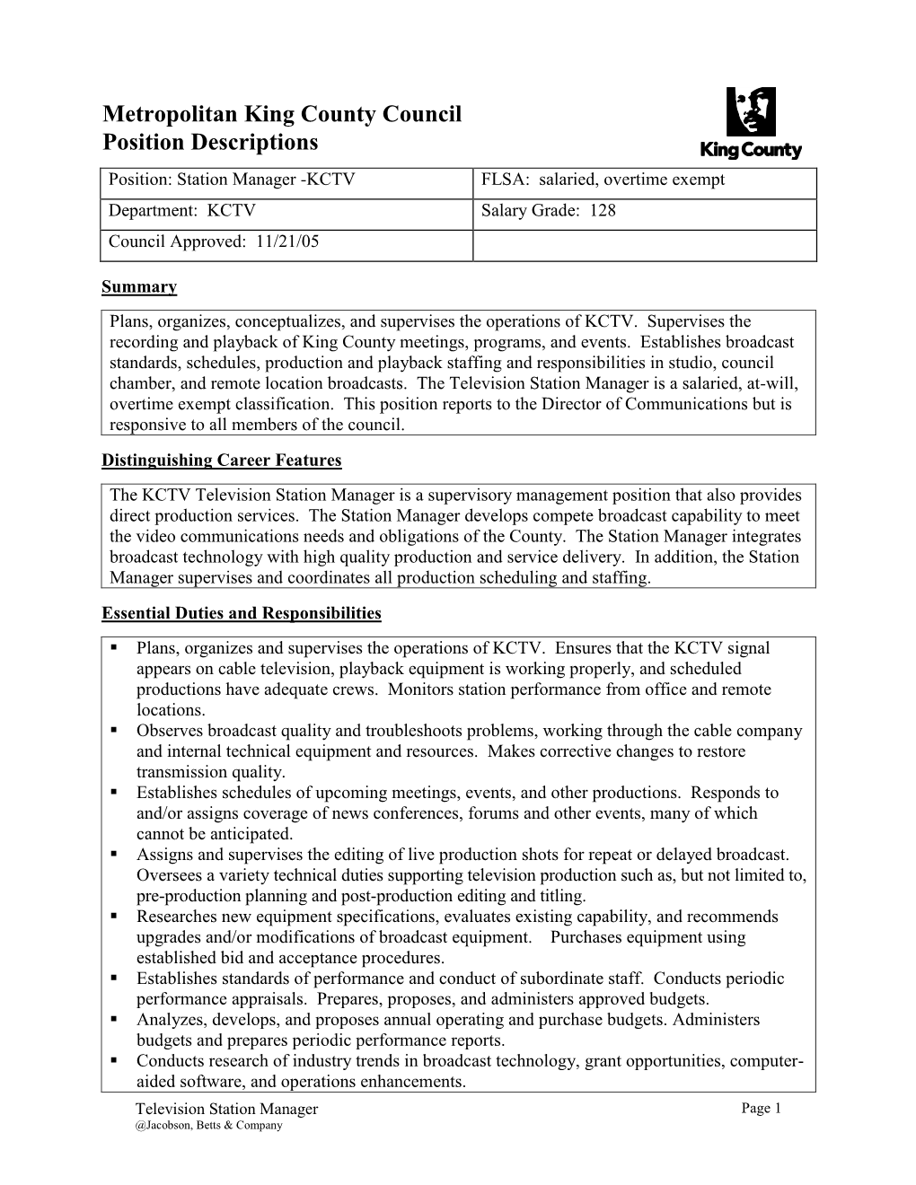 Metropolitan King County Council Position Descriptions