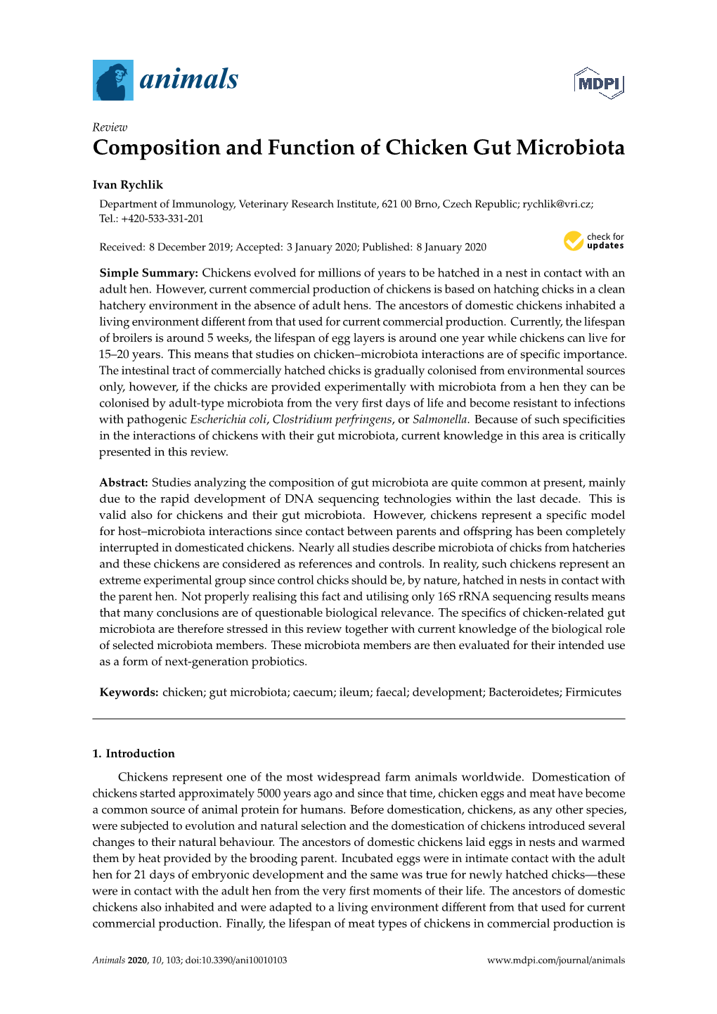 Composition and Function of Chicken Gut Microbiota