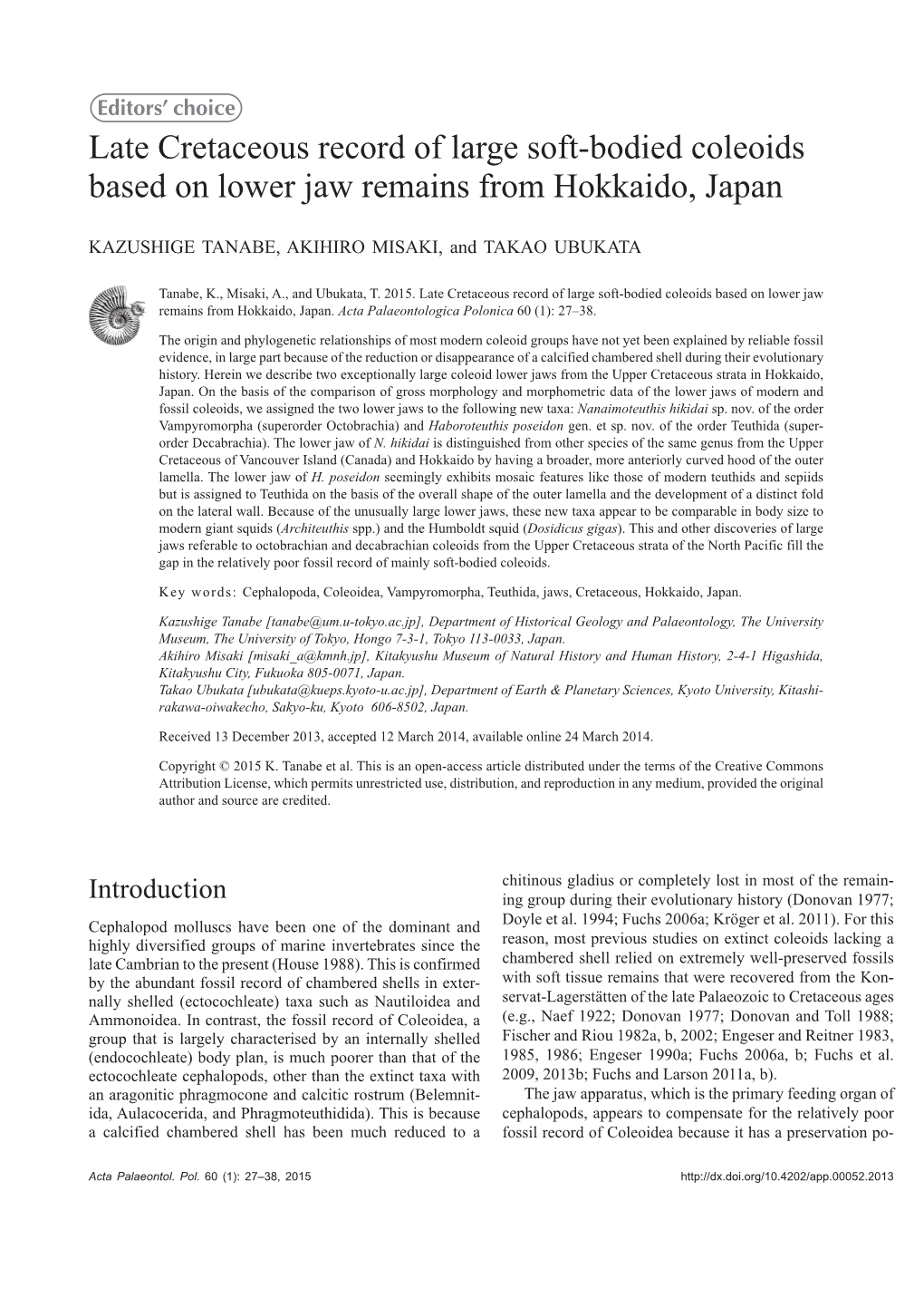 Late Cretaceous Record of Large Soft-Bodied Coleoids Based on Lower Jaw Remains from Hokkaido, Japan