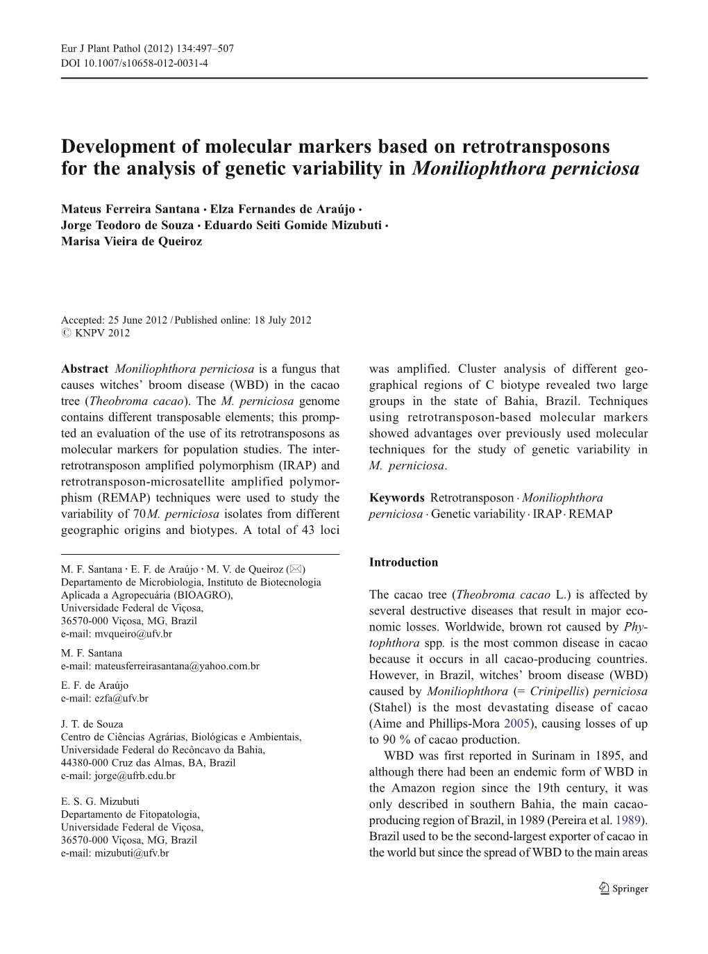 Development of Molecular Markers Based on Retrotransposons for the Analysis of Genetic Variability in Moniliophthora Perniciosa