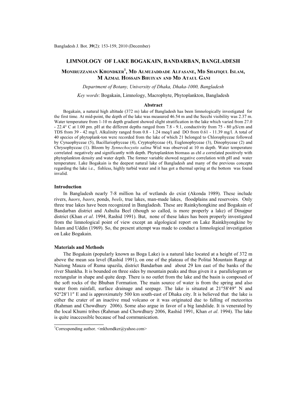 Limnology of Lake Bogakain, Bandarban, Bangladesh