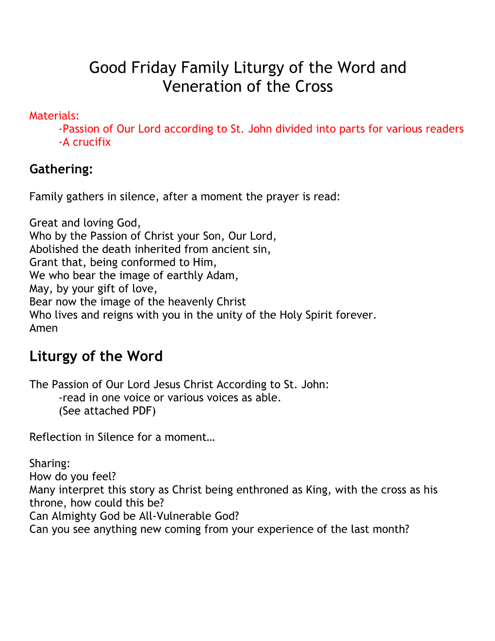 Good Friday Family Liturgy of the Word and Veneration of the Cross