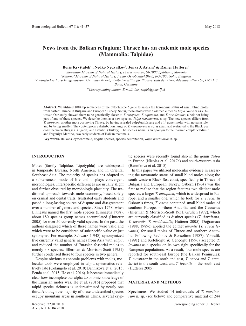 News from the Balkan Refugium: Thrace Has an Endemic Mole Species (Mammalia: Talpidae)
