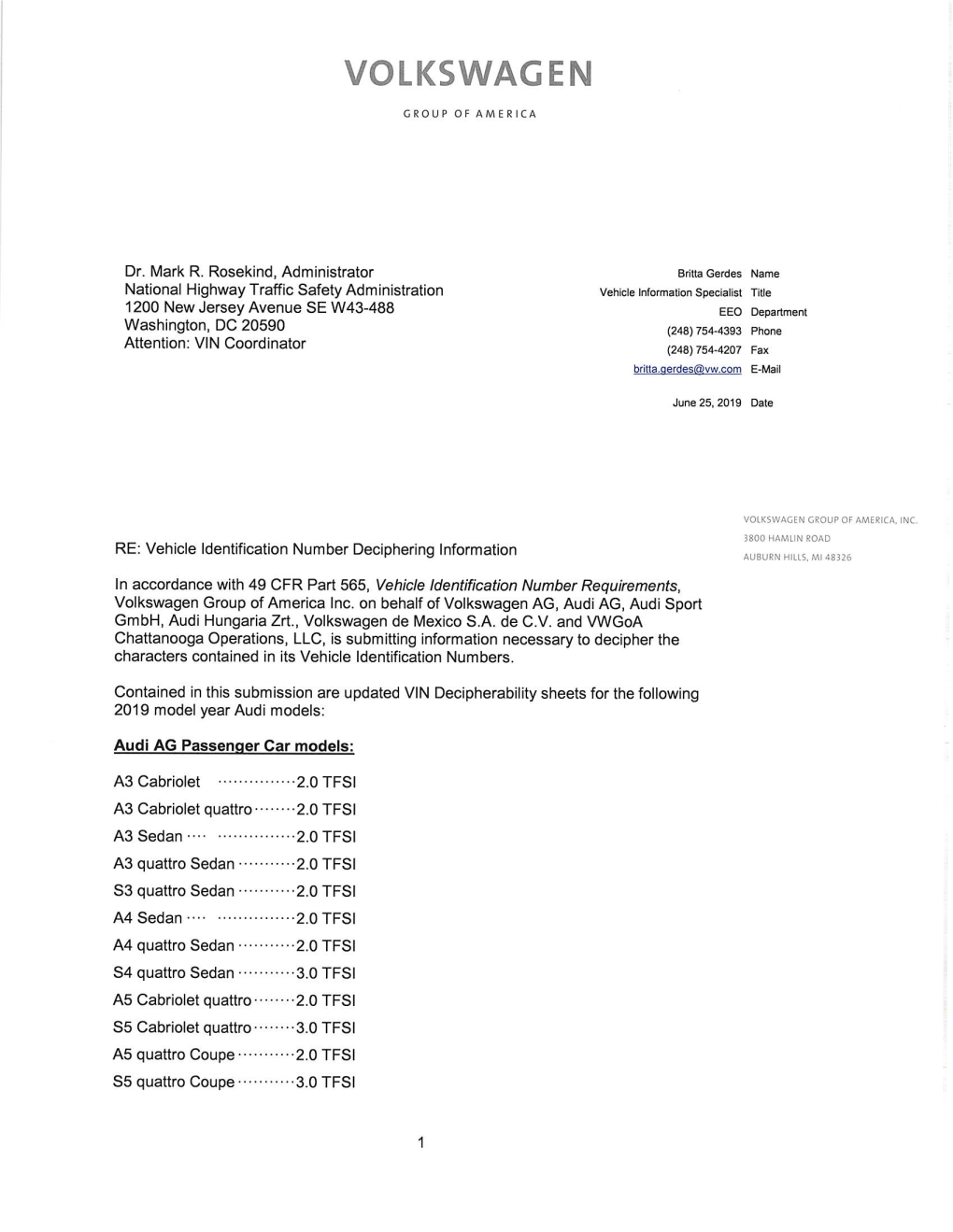 2019 Audi VIN Breakdown Sheet for U.S. Models