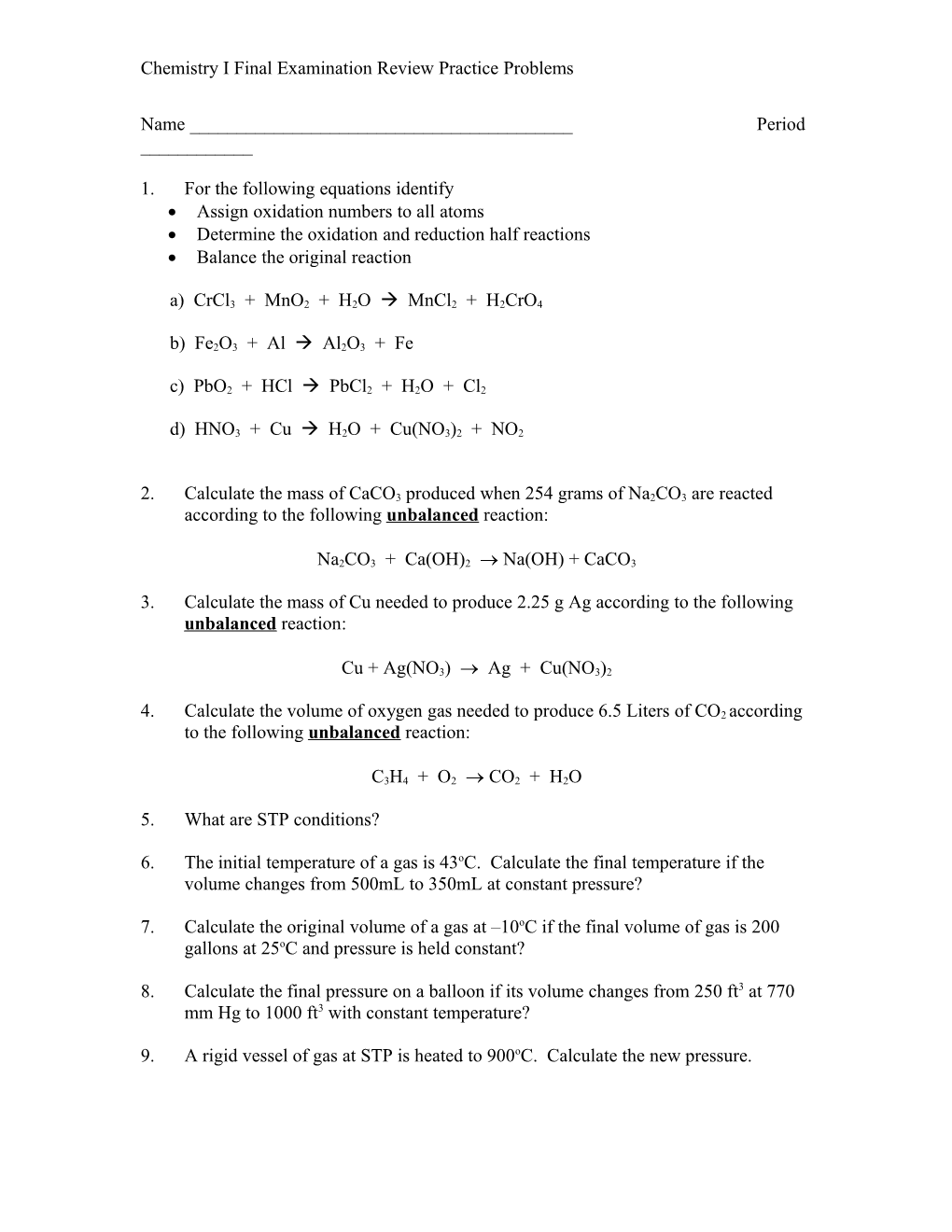 Final Examination Review Practice Problems