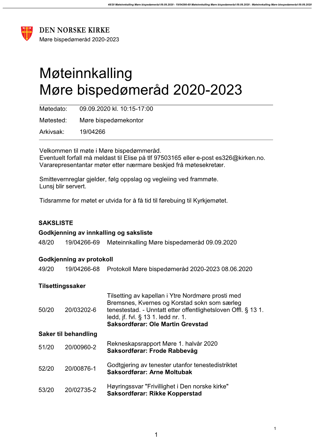 Møteinnkalling Møre Bispedømeråd 2020-2023