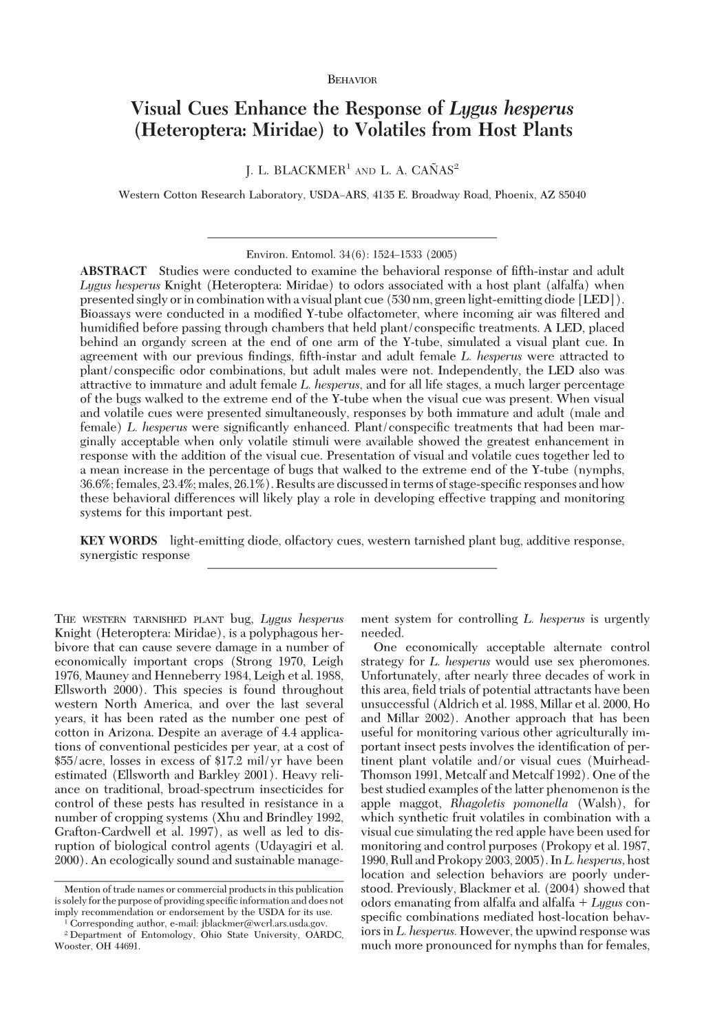 Visual Cues Enhance the Response of Lygus Hesperus (Heteroptera: Miridae) to Volatiles from Host Plants