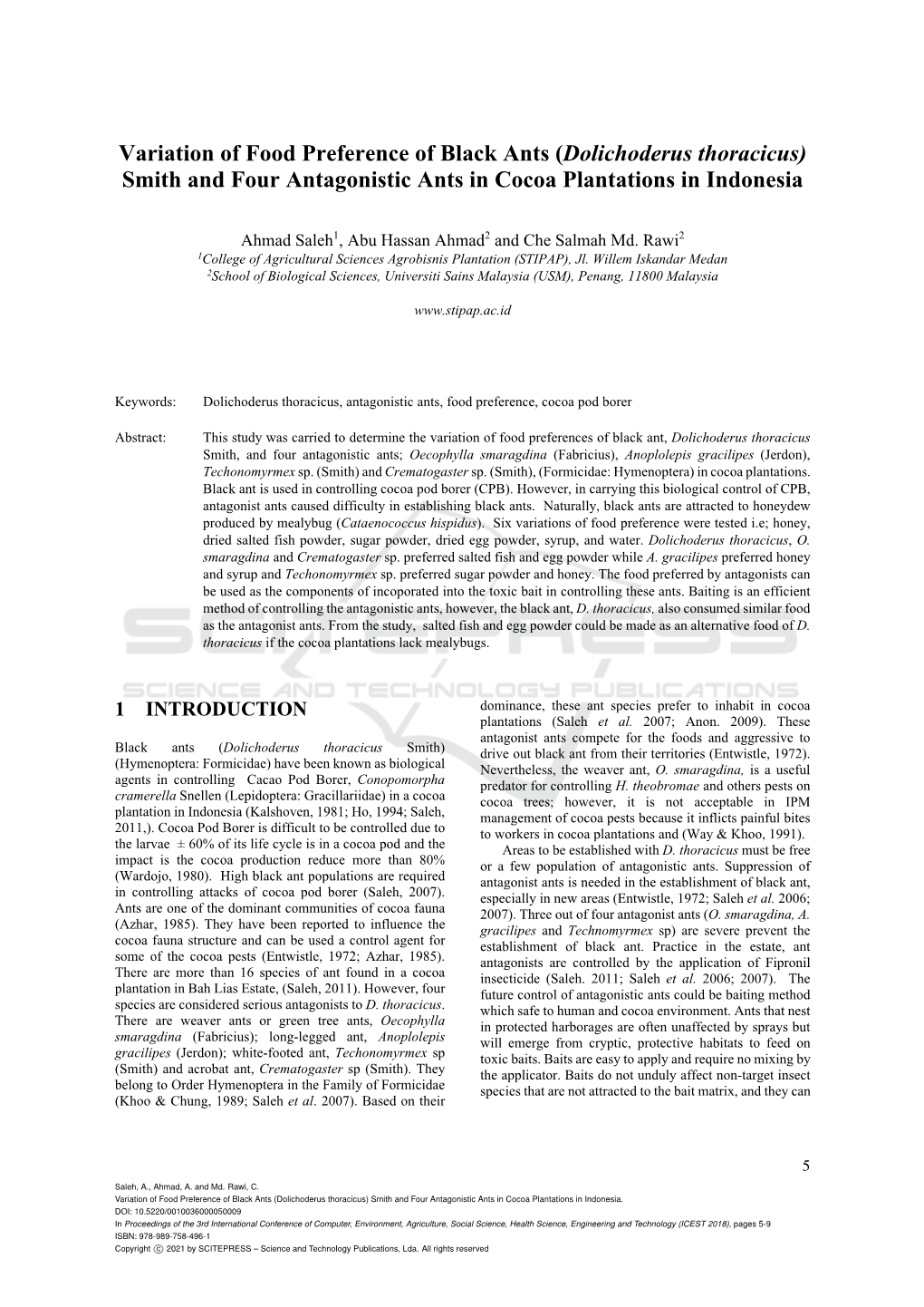 Variation of Food Preference of Black Ants (Dolichoderus Thoracicus) Smith and Four Antagonistic Ants in Cocoa Plantations in Indonesia