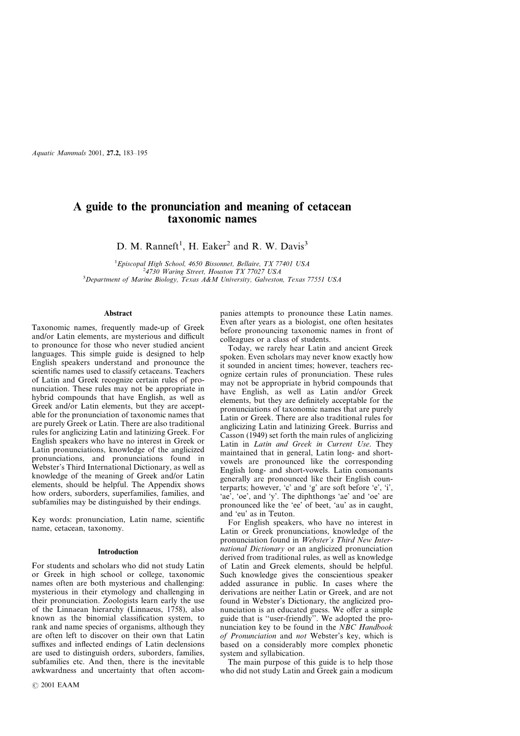 A Guide to the Pronunciation and Meaning of Cetacean Taxonomic Names