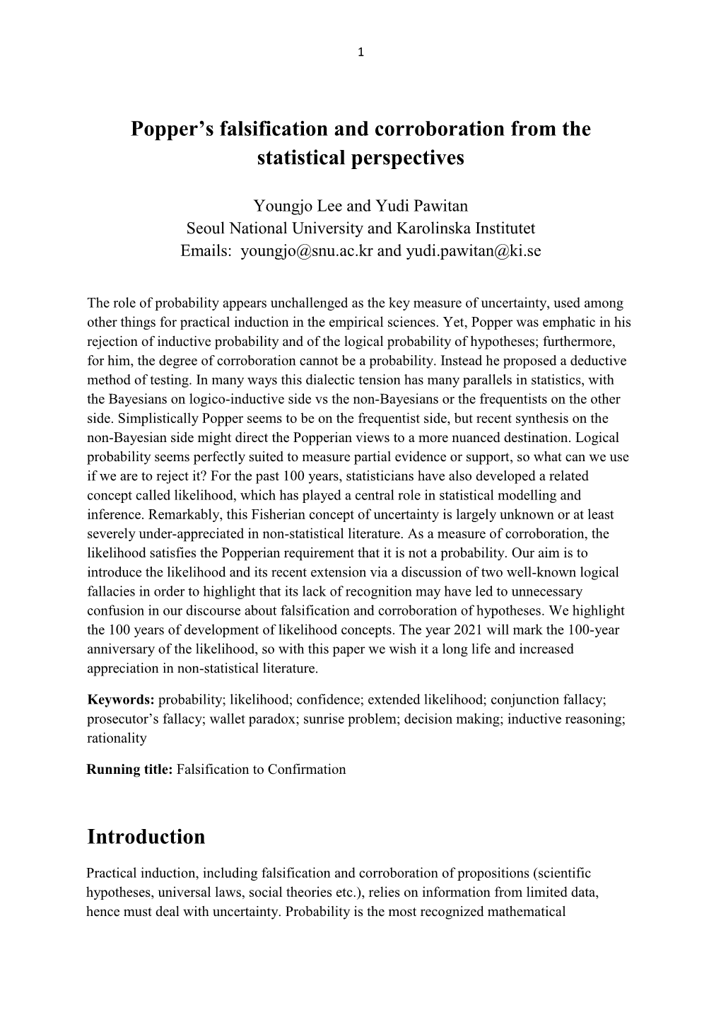 Popper's Falsification and Corroboration from the Statistical