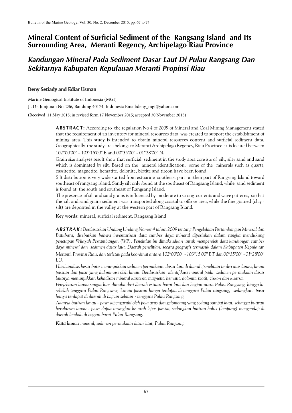 Mineral Content of Surficial Sediment of the Rangsang Island and Its