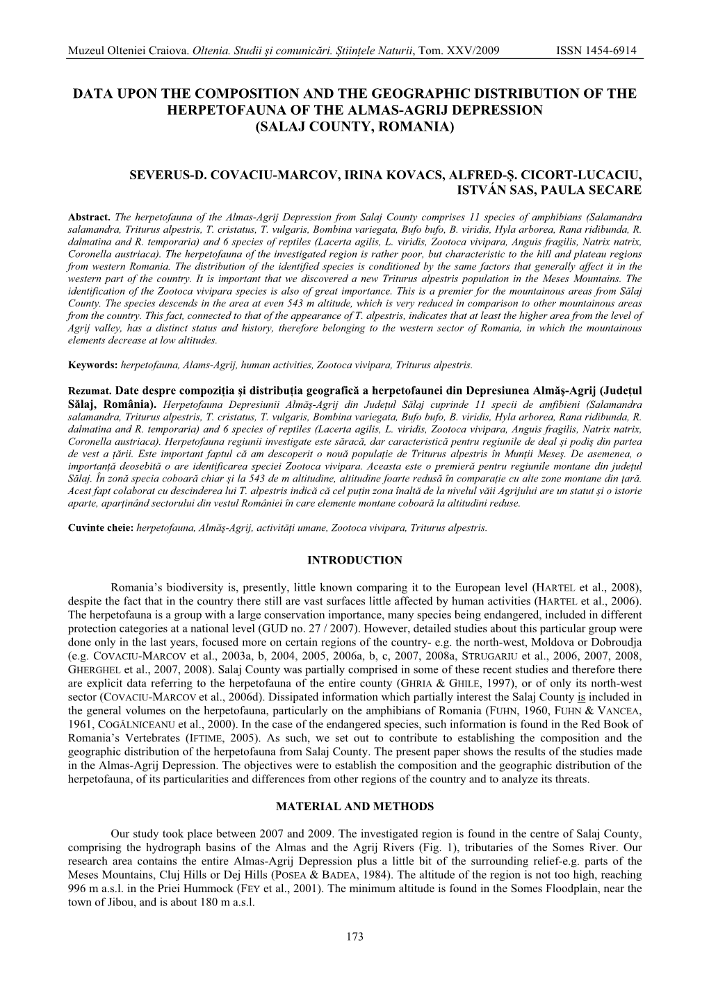 Data Upon the Composition and the Geographic Distribution of the Herpetofauna of the Almas-Agrij Depression (Salaj County, Romania)