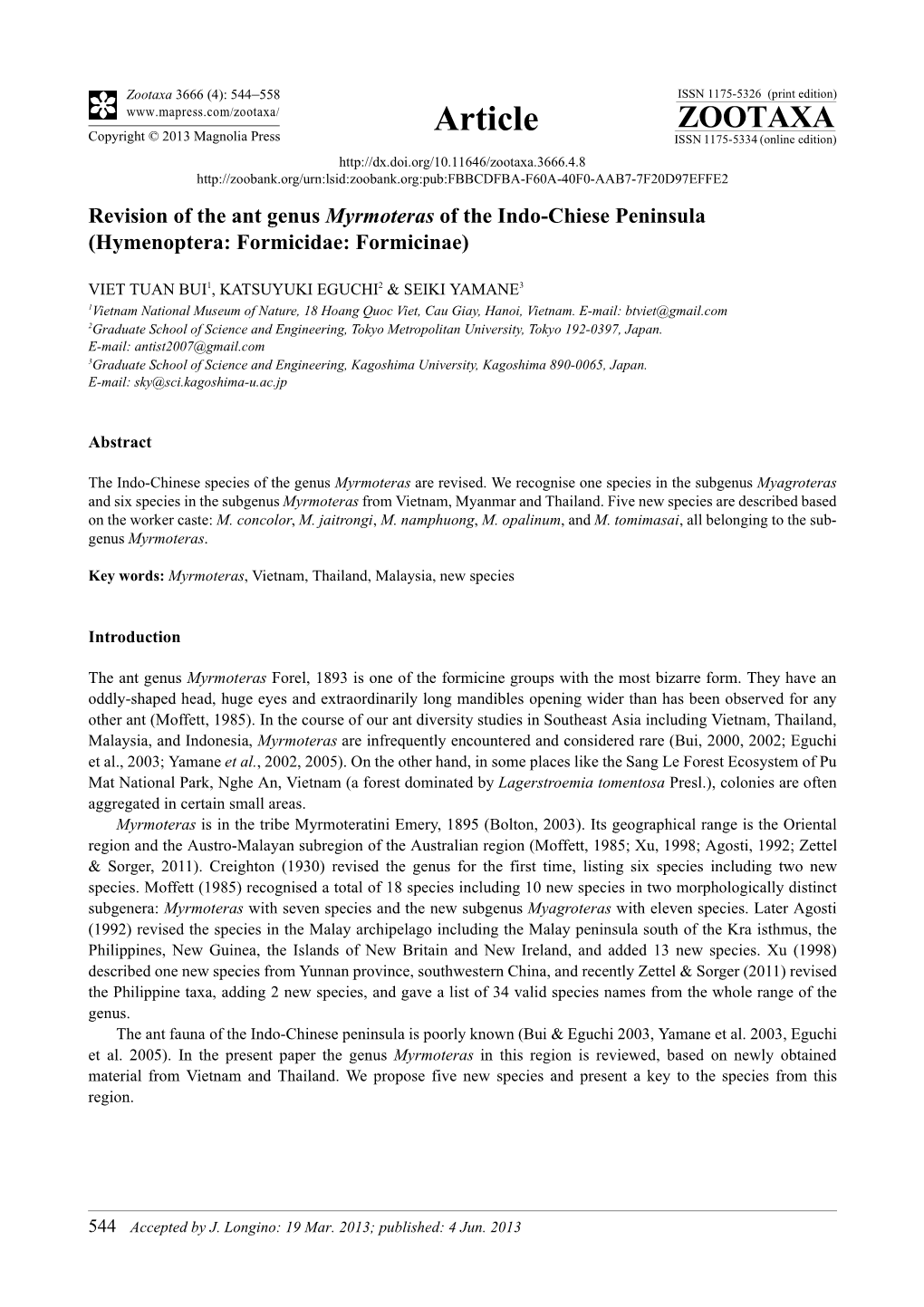 Revision of the Ant Genus Myrmoteras of the Indo-Chiese Peninsula (Hymenoptera: Formicidae: Formicinae)