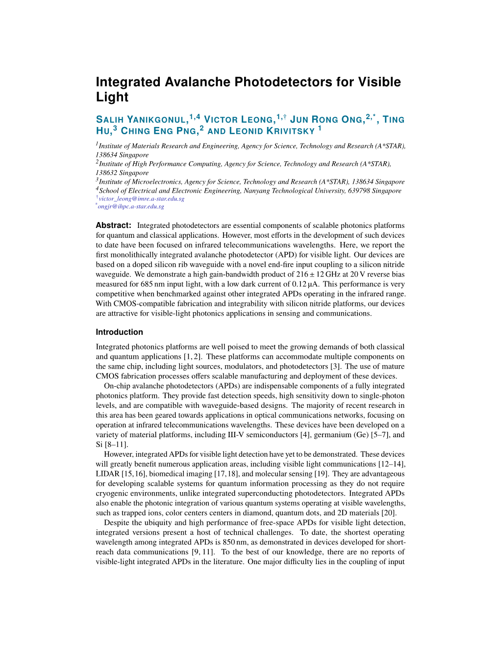 Integrated Avalanche Photodetectors for Visible Light