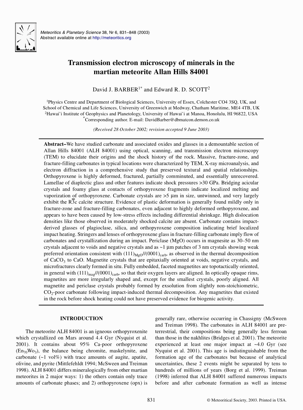 Transmission Electron Microscopy of Minerals in the Martian Meteorite Allan Hills 84001