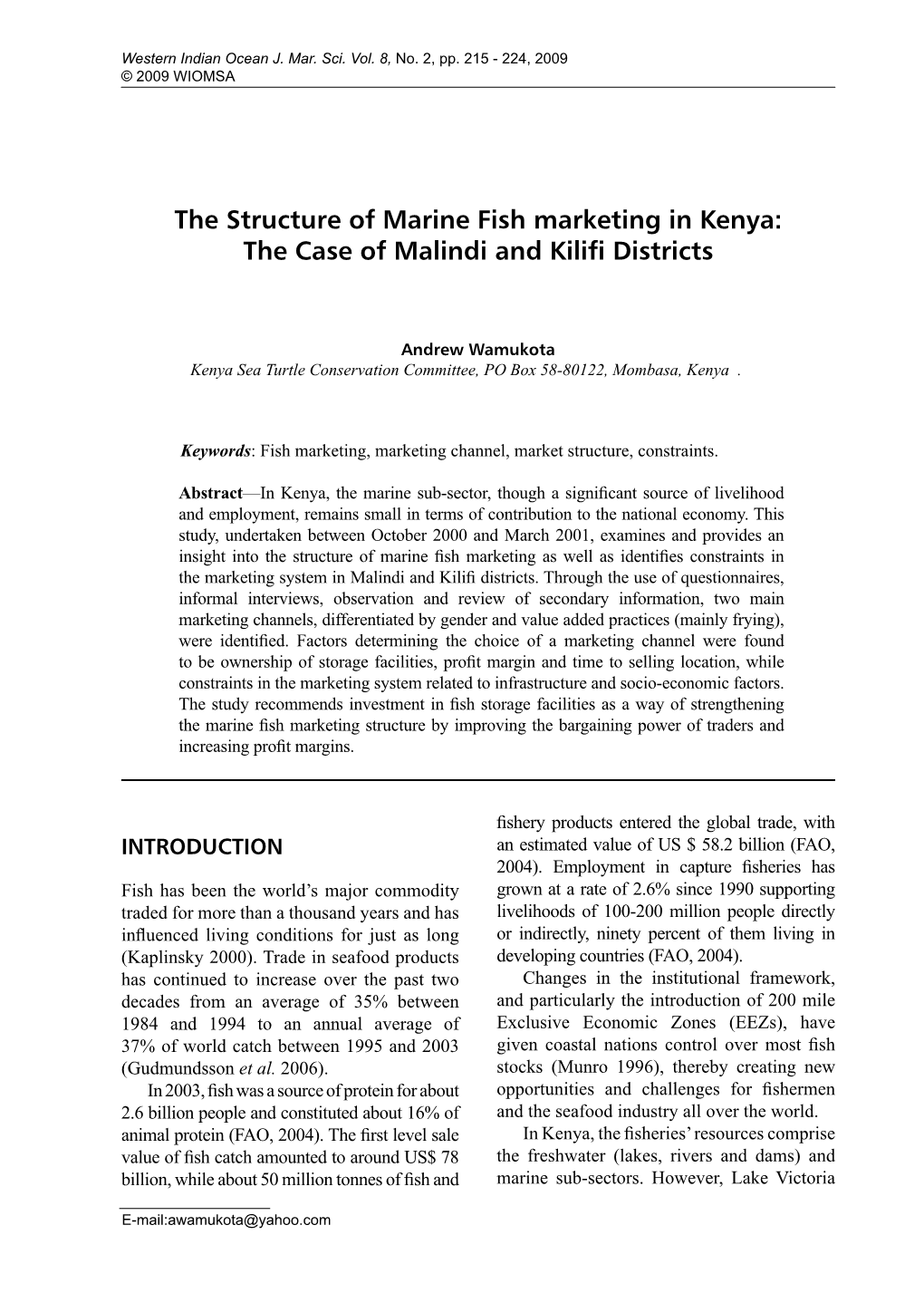The Structure of Marine Fish Marketing in Kenya: the Case of Malindi and Kilifi Districts