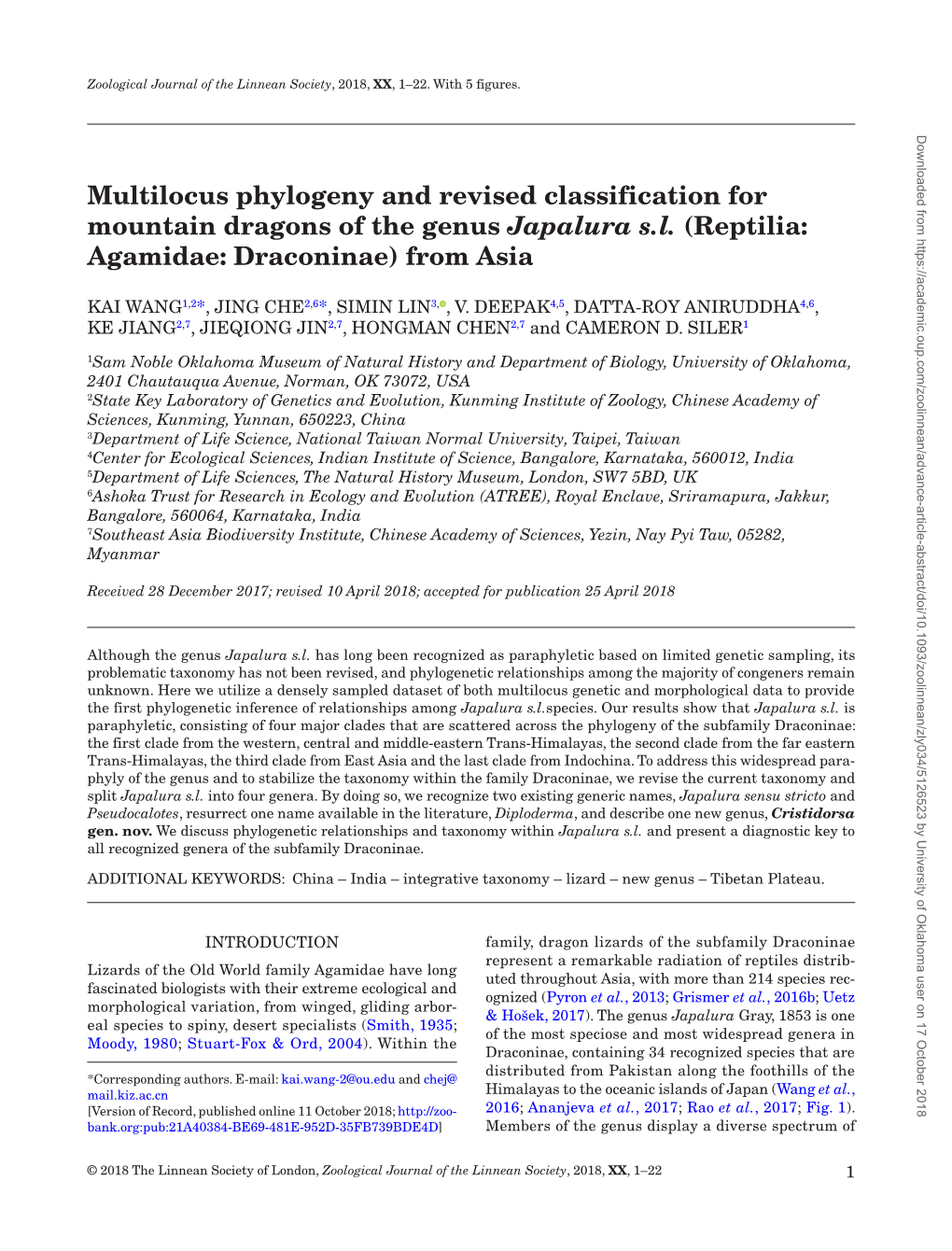 Multilocus Phylogeny and Revised Classification for Mountain Dragons of the Genus Japalura S.L