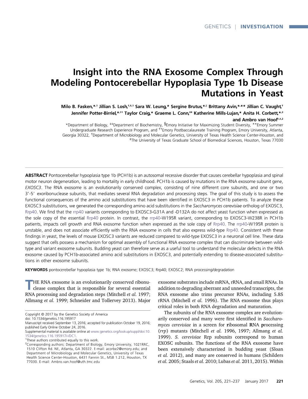 Insight Into the RNA Exosome Complex Through Modeling Pontocerebellar Hypoplasia Type 1B Disease Mutations in Yeast