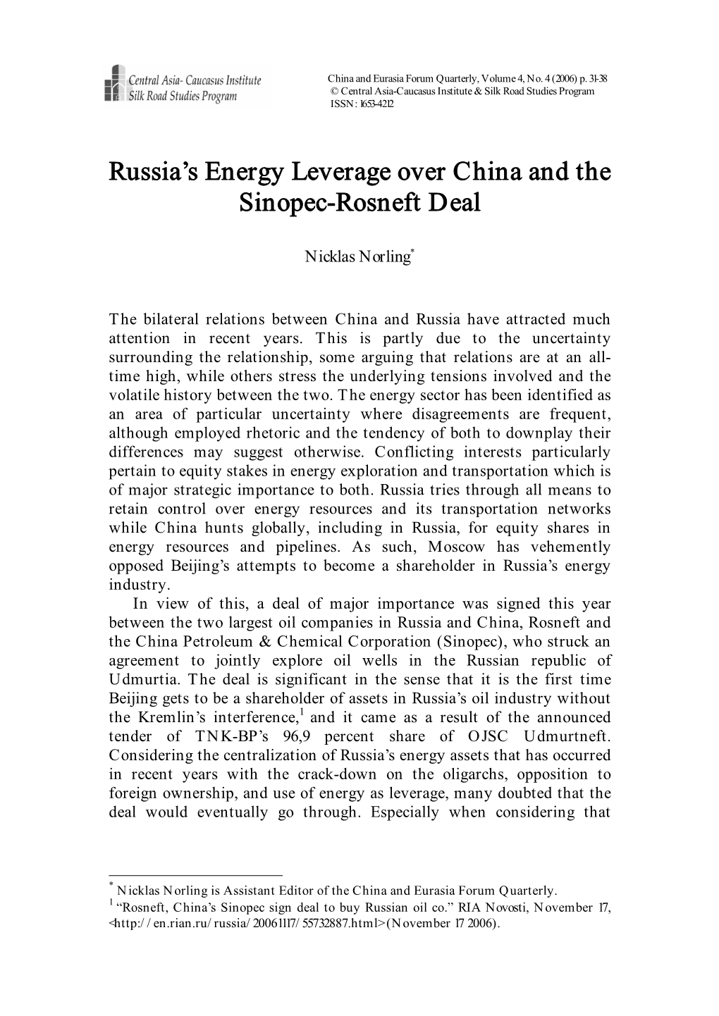 Russia's Energy Leverage Over China and the Sinopec-Rosneft Deal