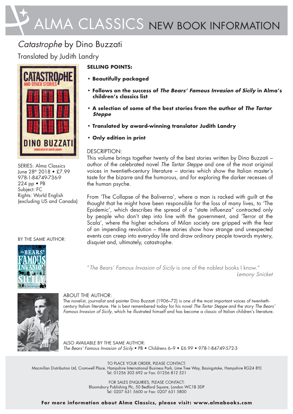 ALMA CLASSICS NEW BOOK INFORMATION Catastrophe by Dino Buzzati Translated by Judith Landry SELLING POINTS