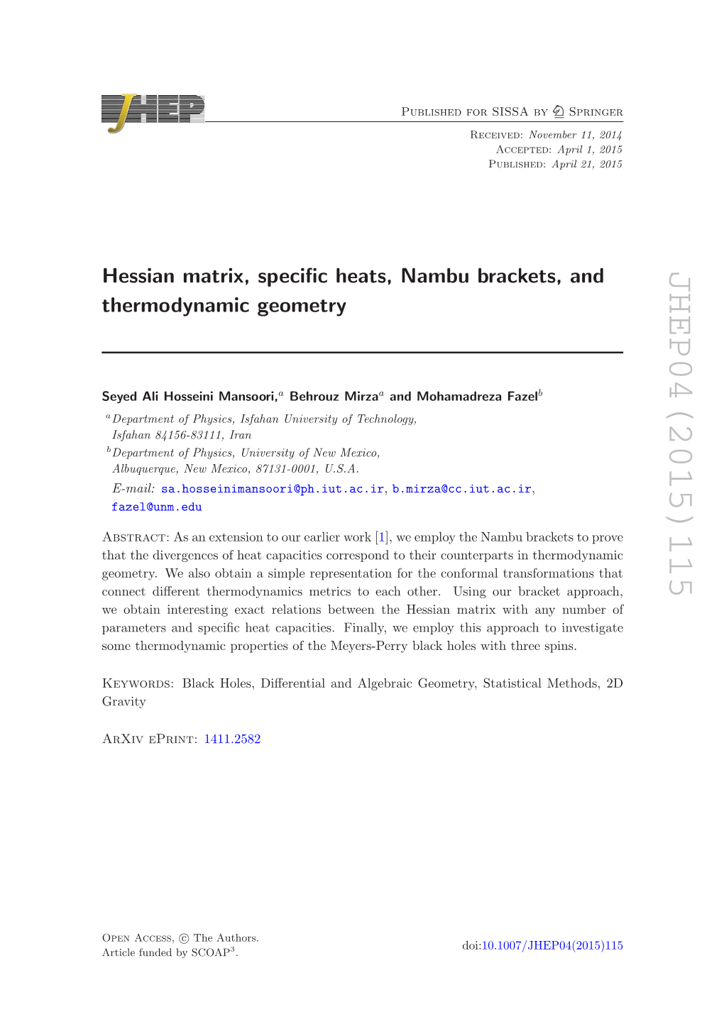 Hessian Matrix, Specific Heats, Nambu Brackets, and Thermodynamic