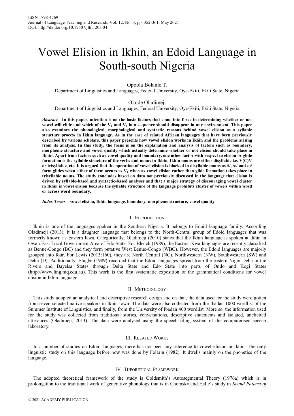 Vowel Elision in Ikhin, an Edoid Language in South-South Nigeria