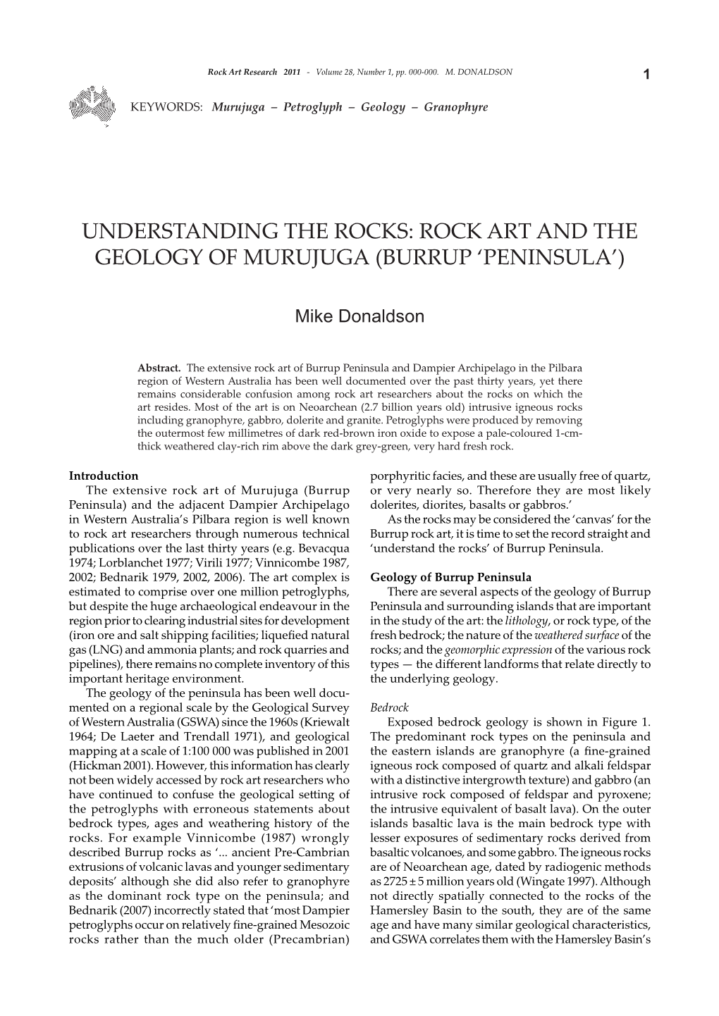 Understanding the Rocks: Rock Art and the Geology of Murujuga (Burrup 'Peninsula')