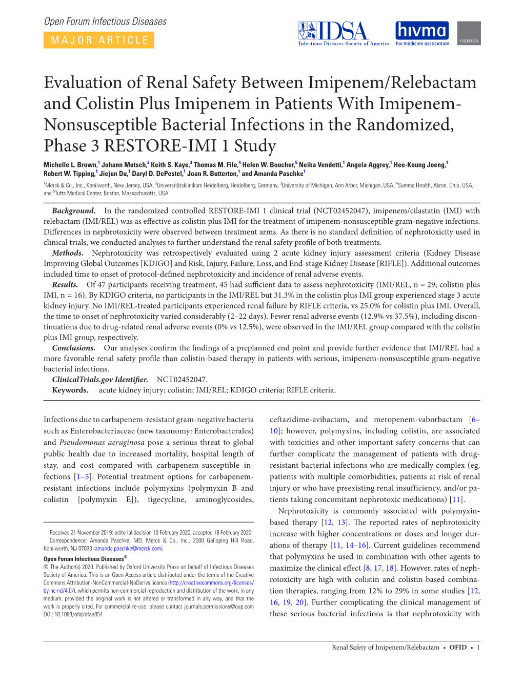Evaluation of Renal Safety Between Imipenem/Relebactam and Colistin