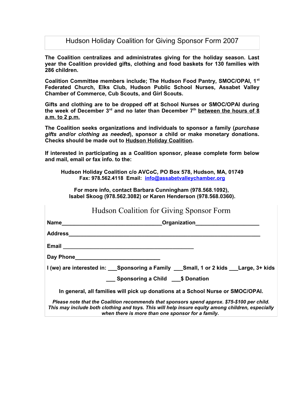 Hudson Holiday Coalition for Giving Donor Form