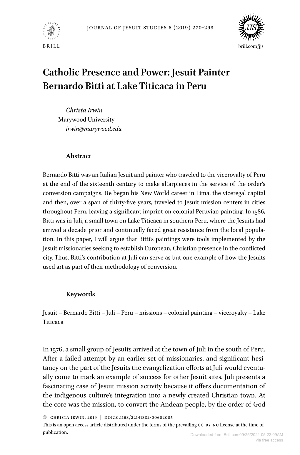 Catholic Presence and Power: Jesuit Painter Bernardo Bitti at Lake Titicaca in Peru