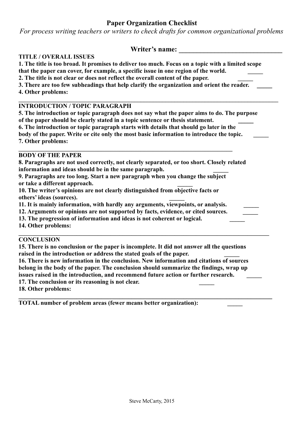 Checklist for Common Organizational Problems in Semester Papers