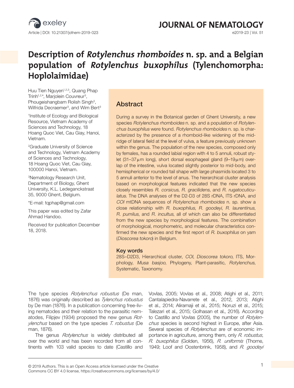 Description of Rotylenchus Rhomboides N. Sp. and a Belgian Population of Rotylenchus Buxophilus (Tylenchomorpha: Hoplolaimidae)