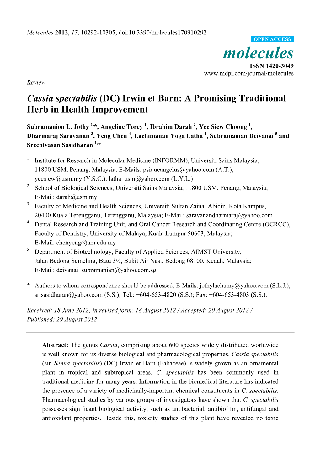 Cassia Spectabilis (DC) Irwin Et Barn: a Promising Traditional Herb in Health Improvement